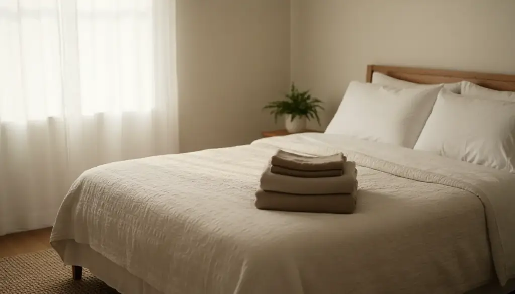 Made bed with fresh linen and folded towels in a quiet sunlit bedroom