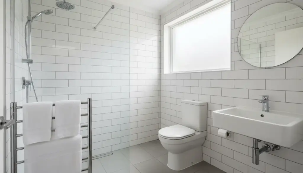 Freshly cleaned white tiled bathroom with folded towels and a spot-free shower screen