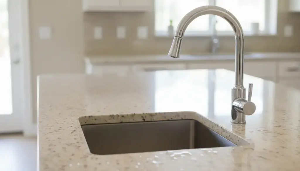 Clean stone kitchen counter and undermount sink with a polished chrome tap