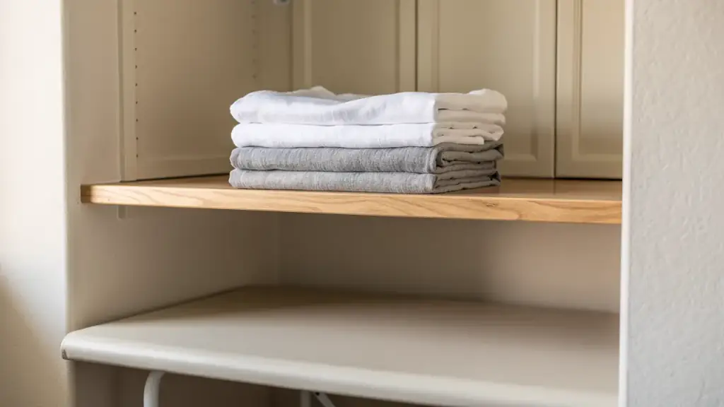 Neat stack of folded white and gray household linen on a wooden shelf