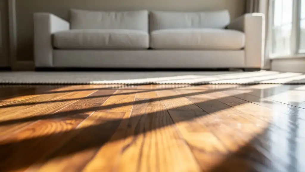 Polished hardwood living room floor with late afternoon sun laid across the boards